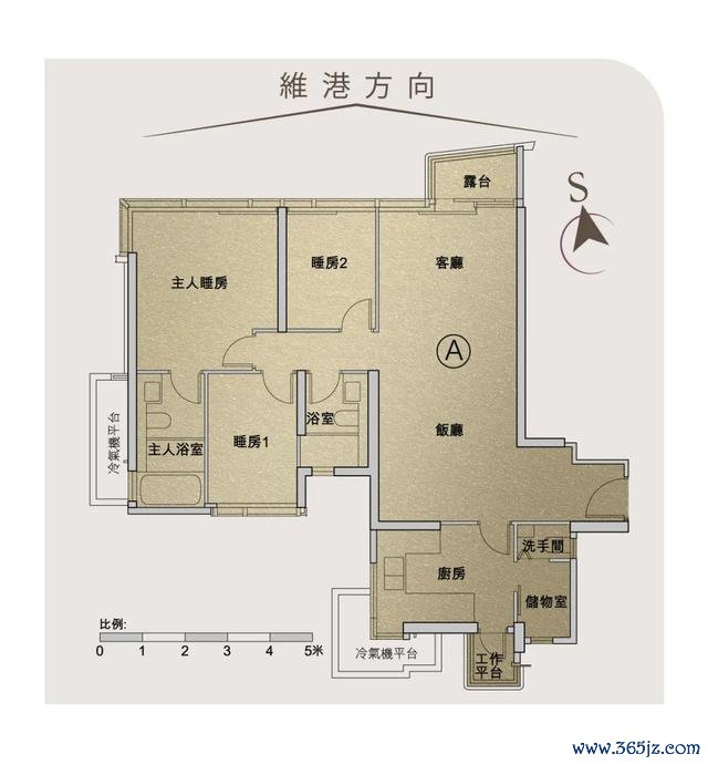 第1座（1A）18楼A室平面图 户型：3房1套连储物室 实用面积：968平方尺（89.883平方米）